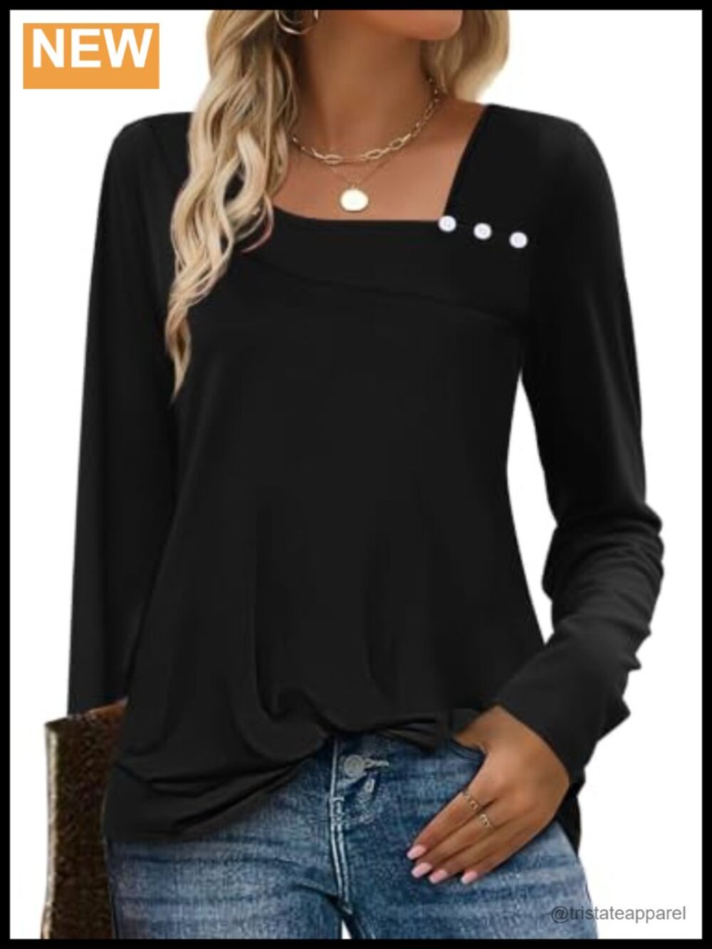 Womens Asymmetric Square Neck Tunic Top Long Sleeve Button Blouse